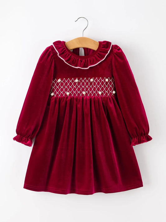 Christmas Velvet Smocked Girls Dress with Pearl Detail Rylee Faith Designs