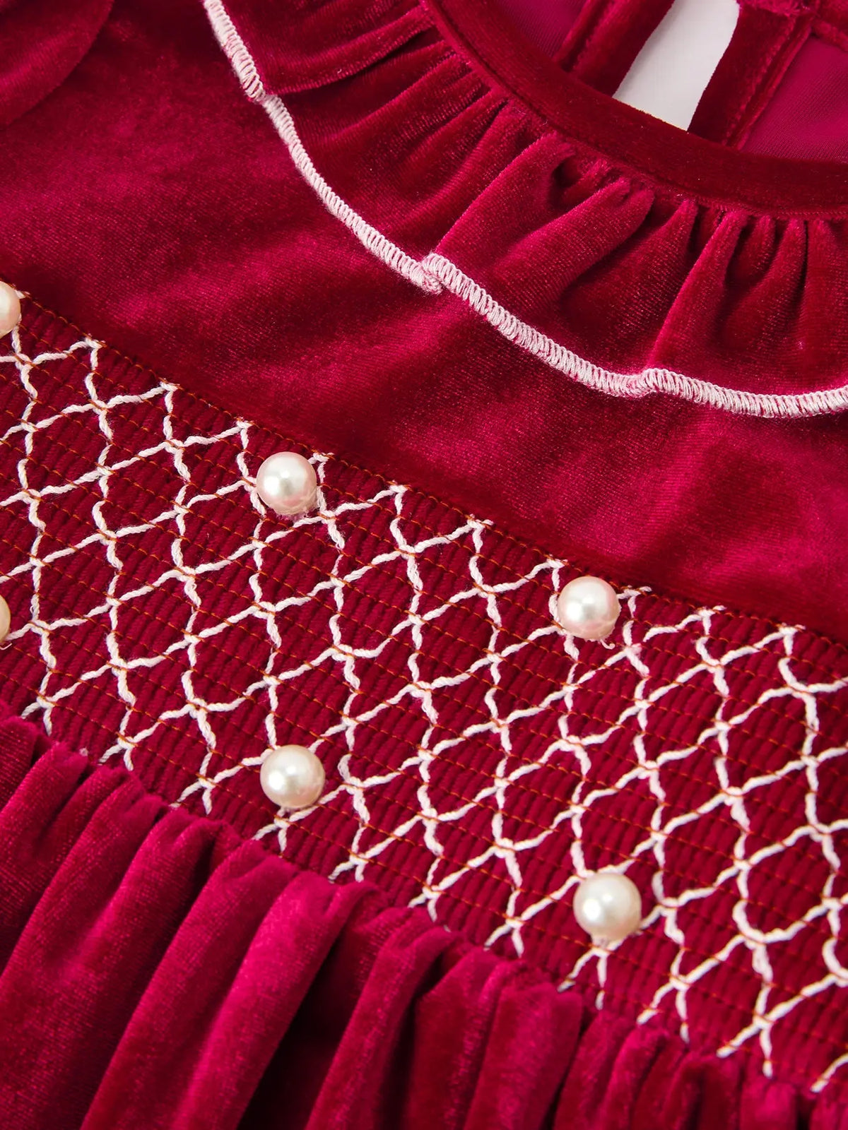 Christmas Velvet Smocked Girls Dress with Pearl Detail Rylee Faith Designs