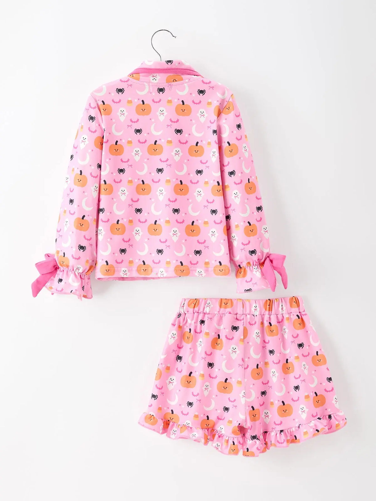 Halloween Pumpkin Ghost Print Girls Pajama Set Long Sleeve Top and Shorts