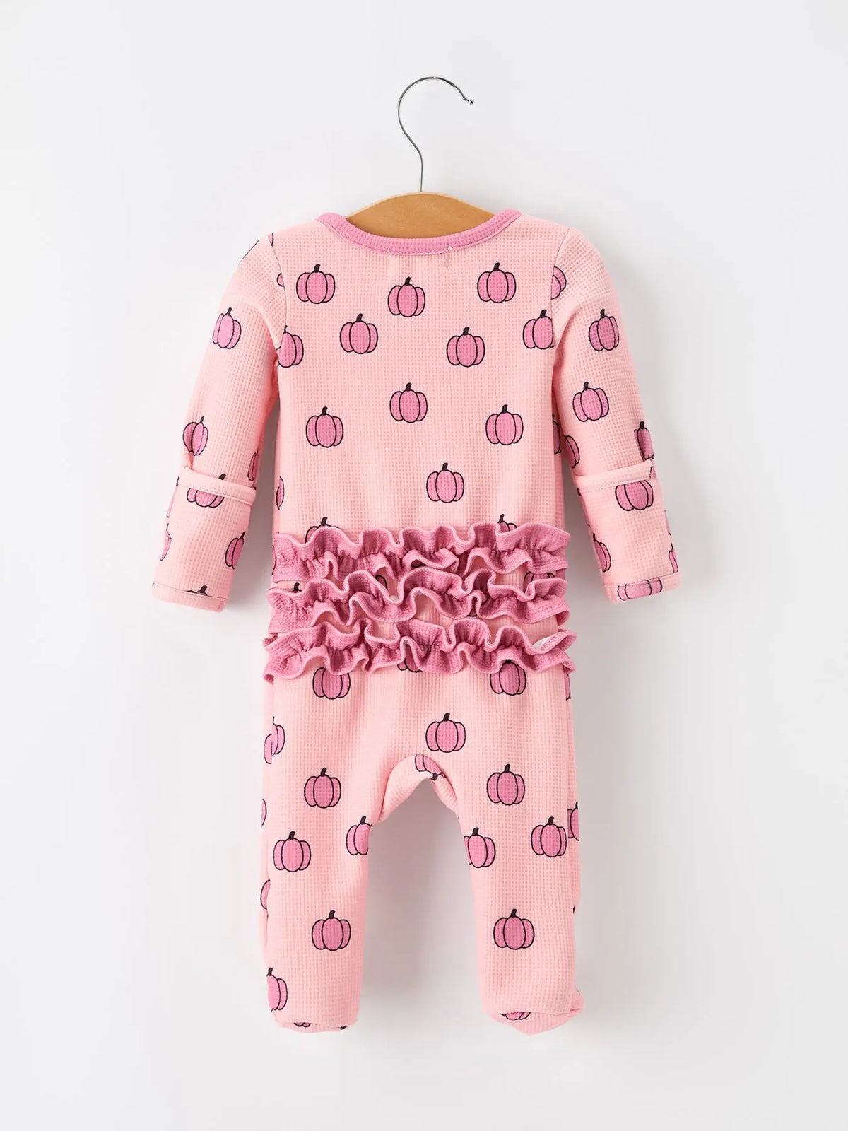 Fall Thanksgiving Pink Pumpkin Ruffle Zip Sleeper Waffle Jumpsuit