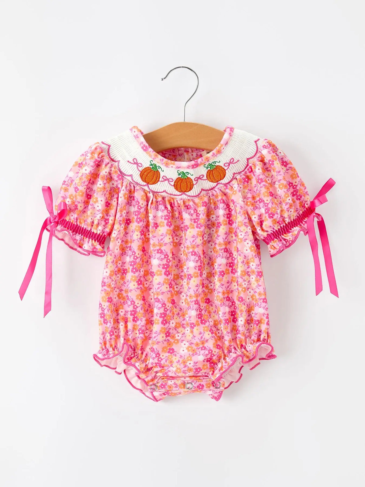 Girls Halloween & Thanksgiving Floral Smocked Bubble Romper Rylee Faith Designs