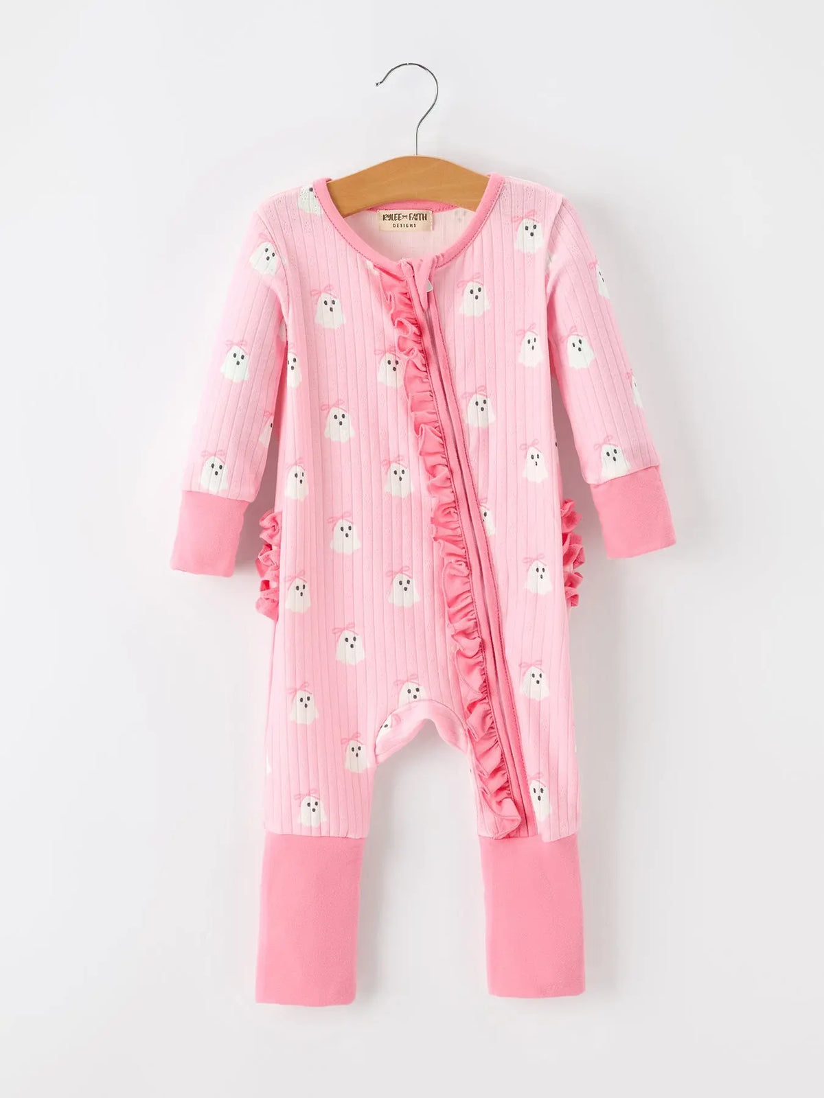 Halloween Ghost Baby Girl Pink Pajamas Ruffle Zipper Romper