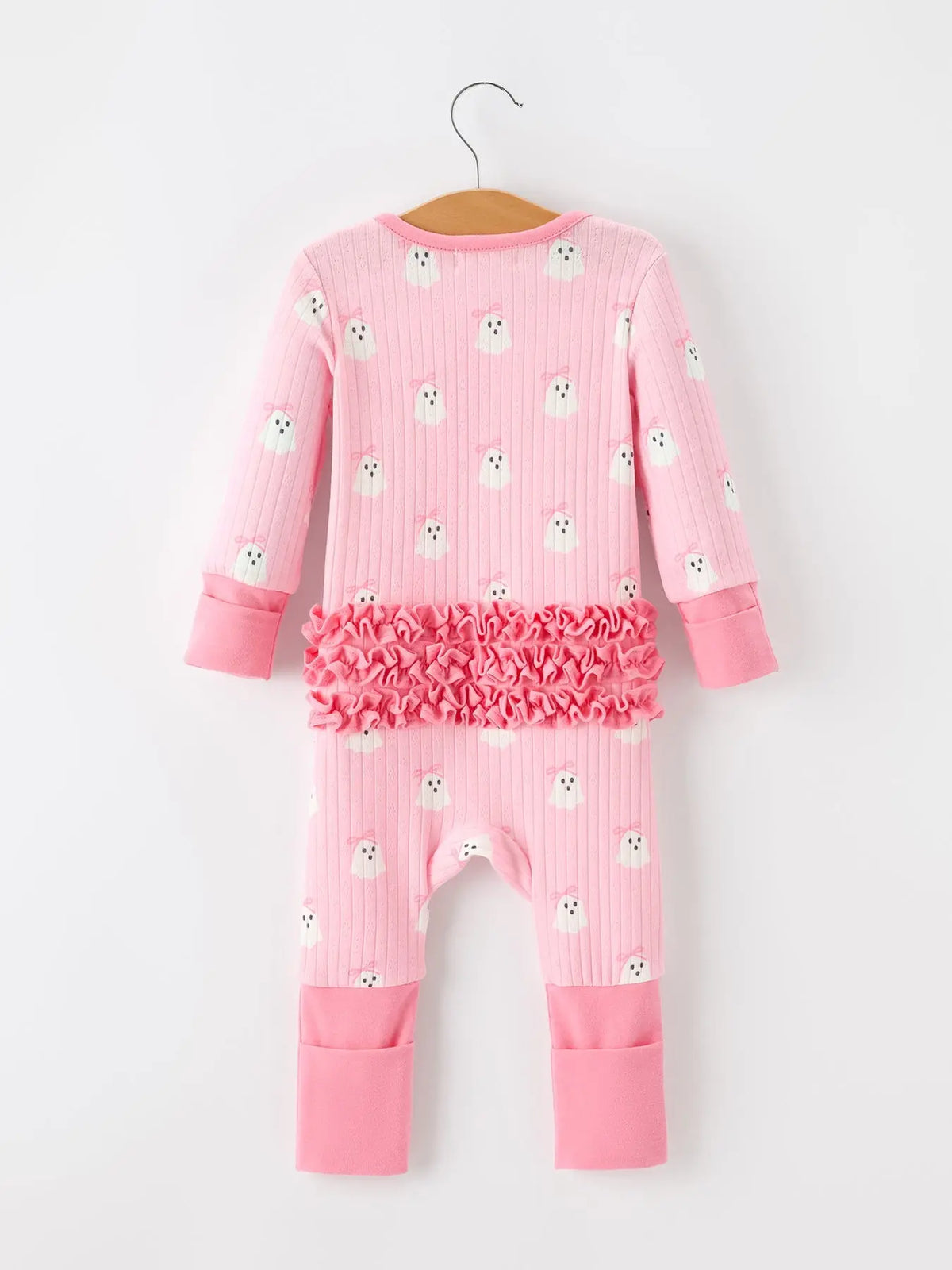 Halloween Ghost Baby Girl Pink Pajamas Ruffle Zipper Romper