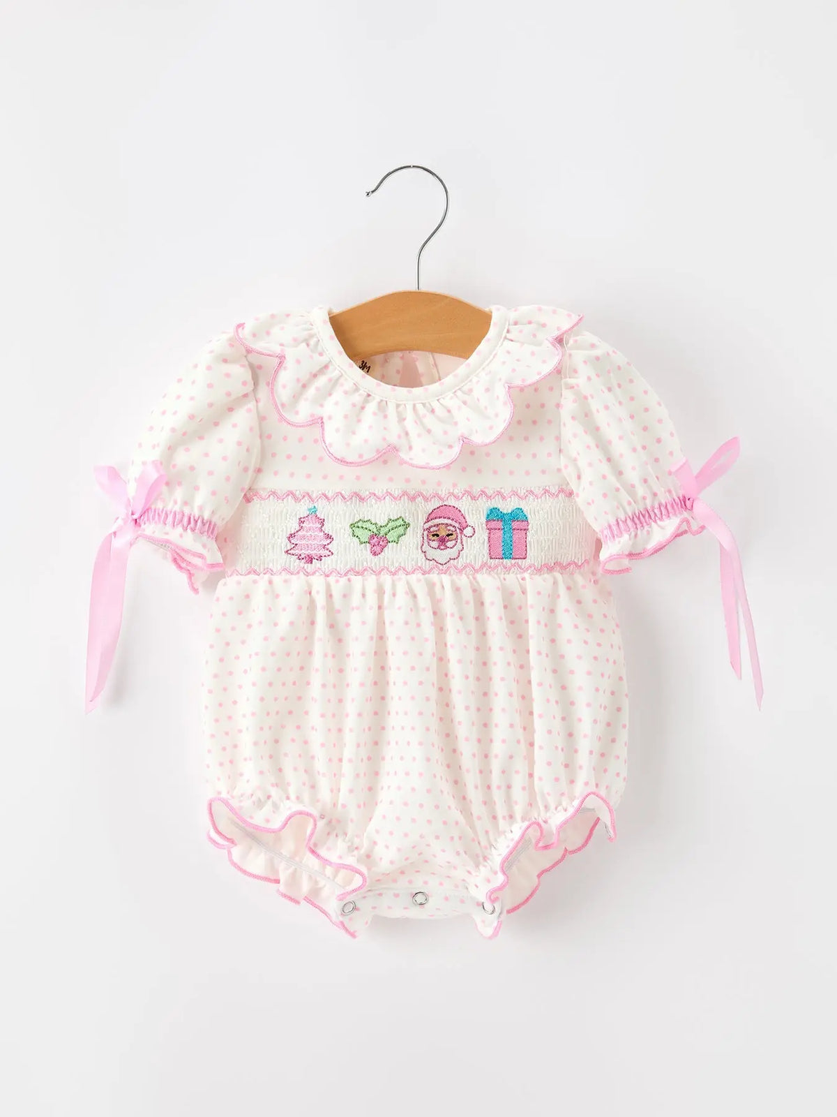 Christmas Smocked Baby Girl Bubble Romper Embroidered Ruffle Collar Rylee Faith Designs
