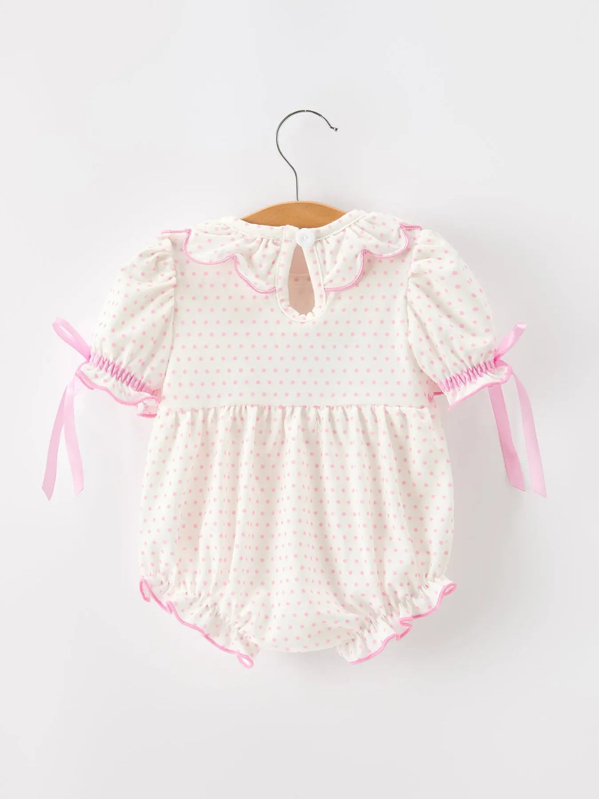 Christmas Smocked Baby Girl Bubble Romper Embroidered Ruffle Collar Rylee Faith Designs