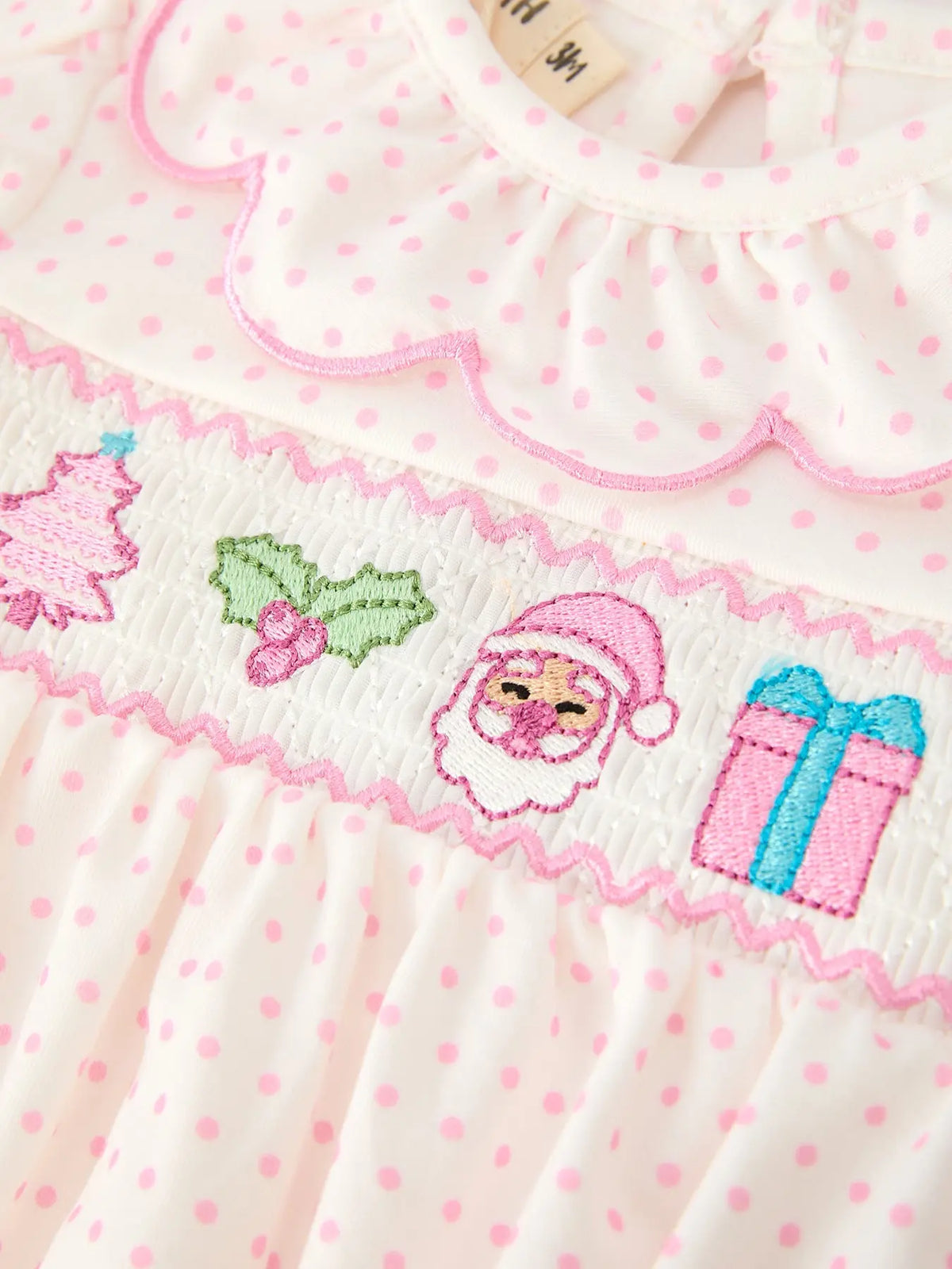 Christmas Smocked Baby Girl Bubble Romper Embroidered Ruffle Collar Rylee Faith Designs