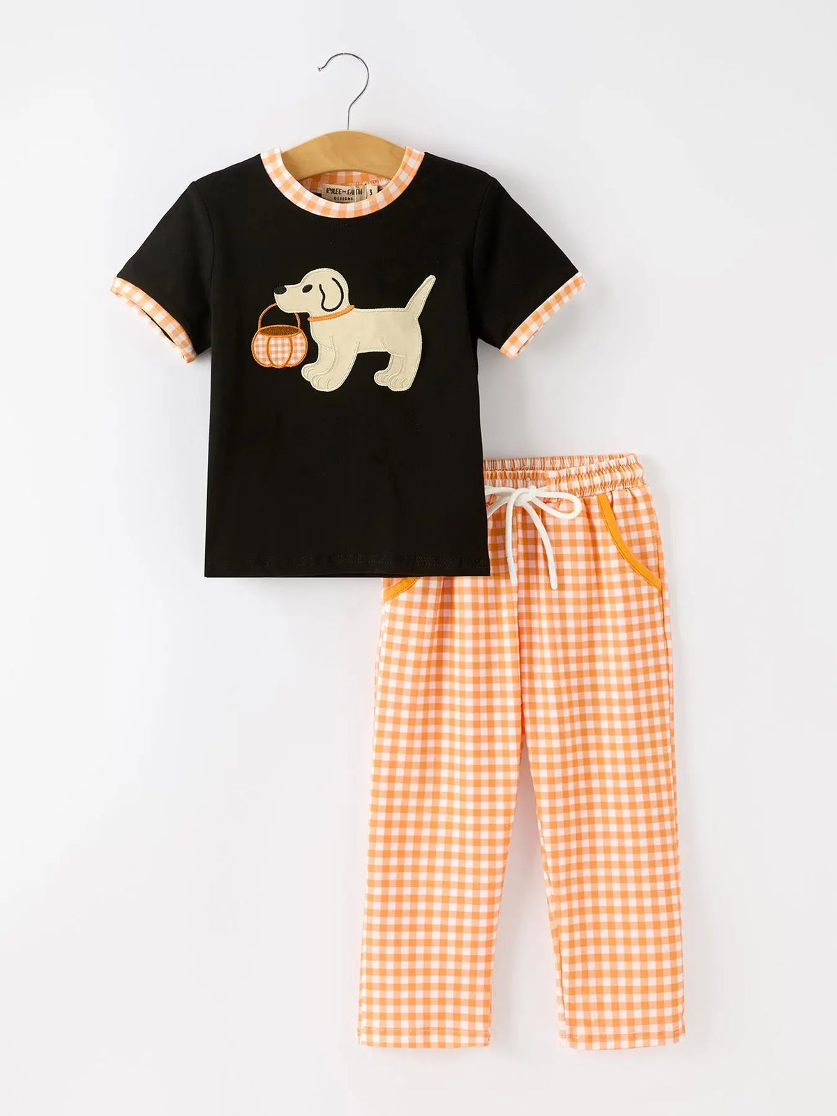 Boys Halloween Dog Pumpkin Outfit Set Plaid Pants