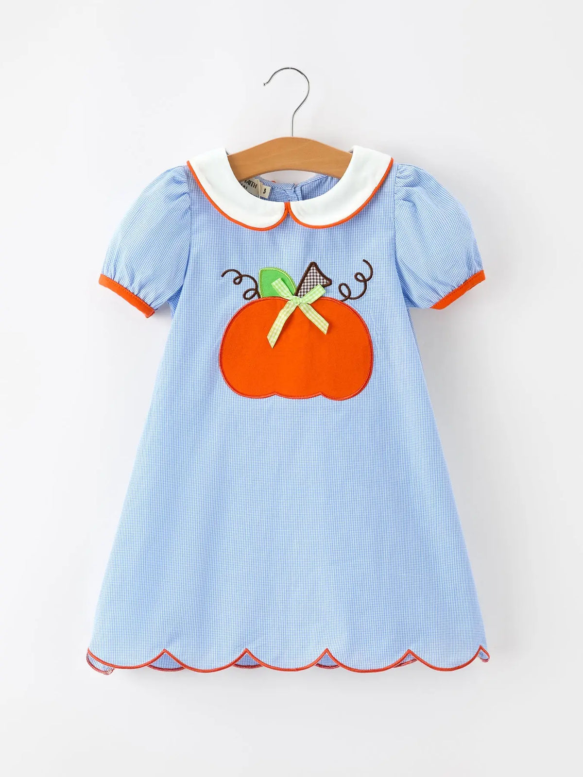 Fall Girls Plaid Pumpkin Appliqué Peter Pan Collar Dress
