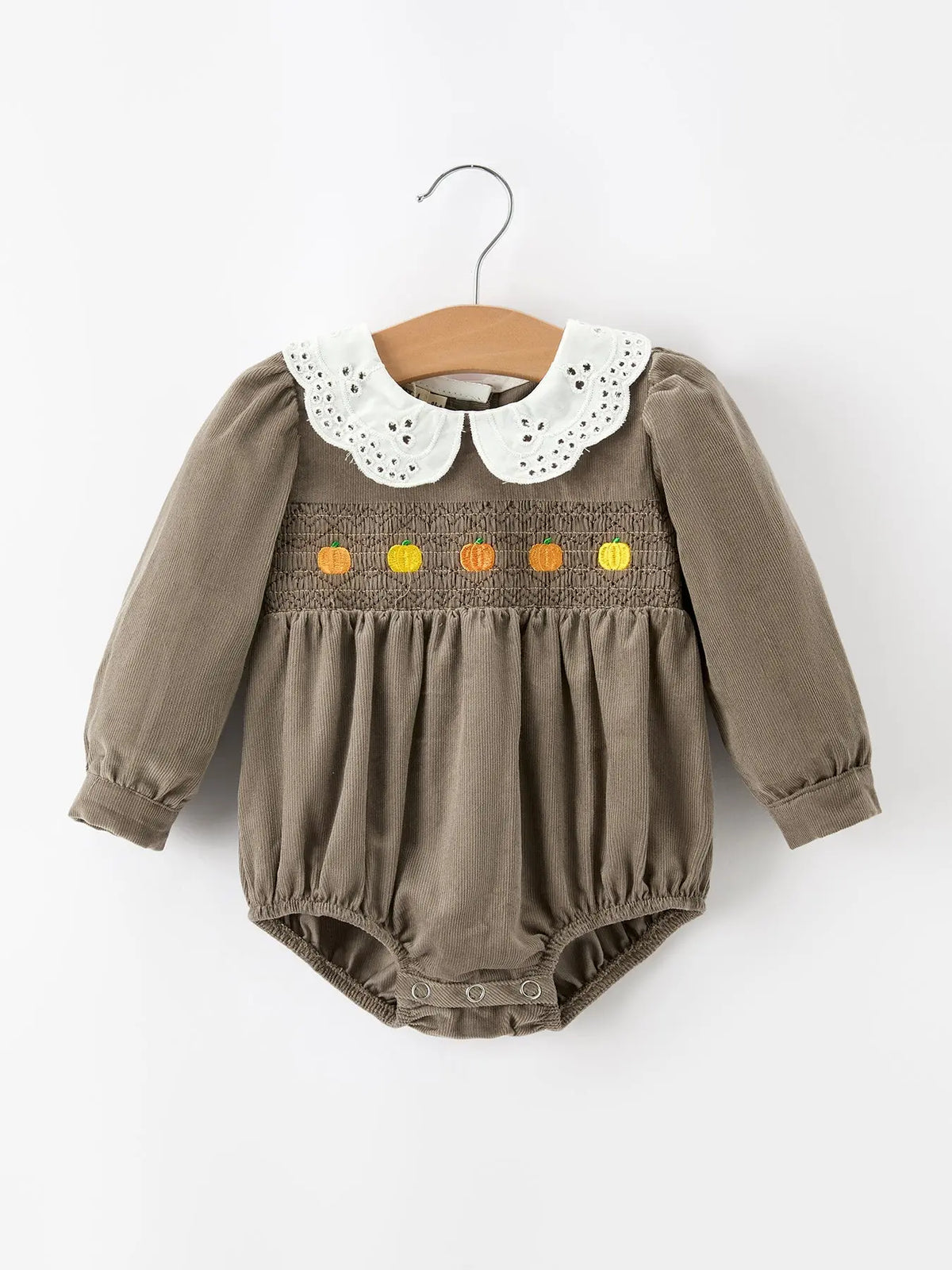Fall Baby Girls Pumpkin Smocked Eyelet Collar Romper