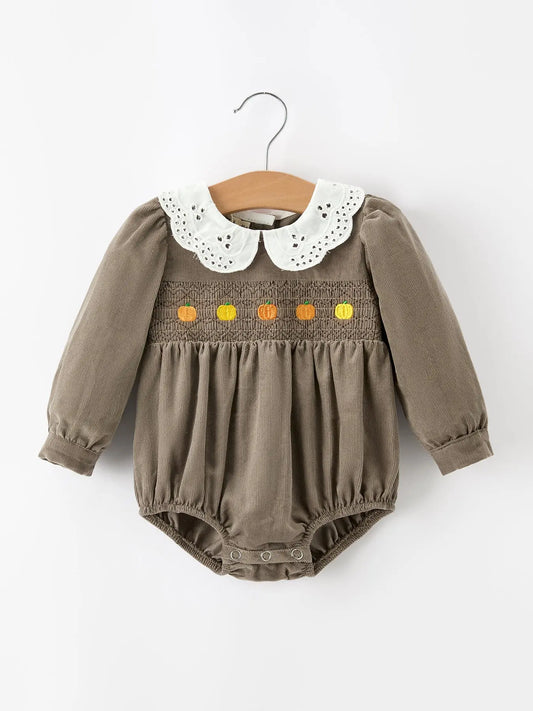 Fall Baby Girls Pumpkin Smocked Eyelet Collar Romper