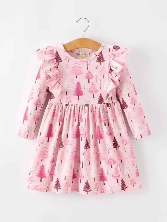 Christmas Tree Print Girls Pink Ruffle Long Sleeve Dress