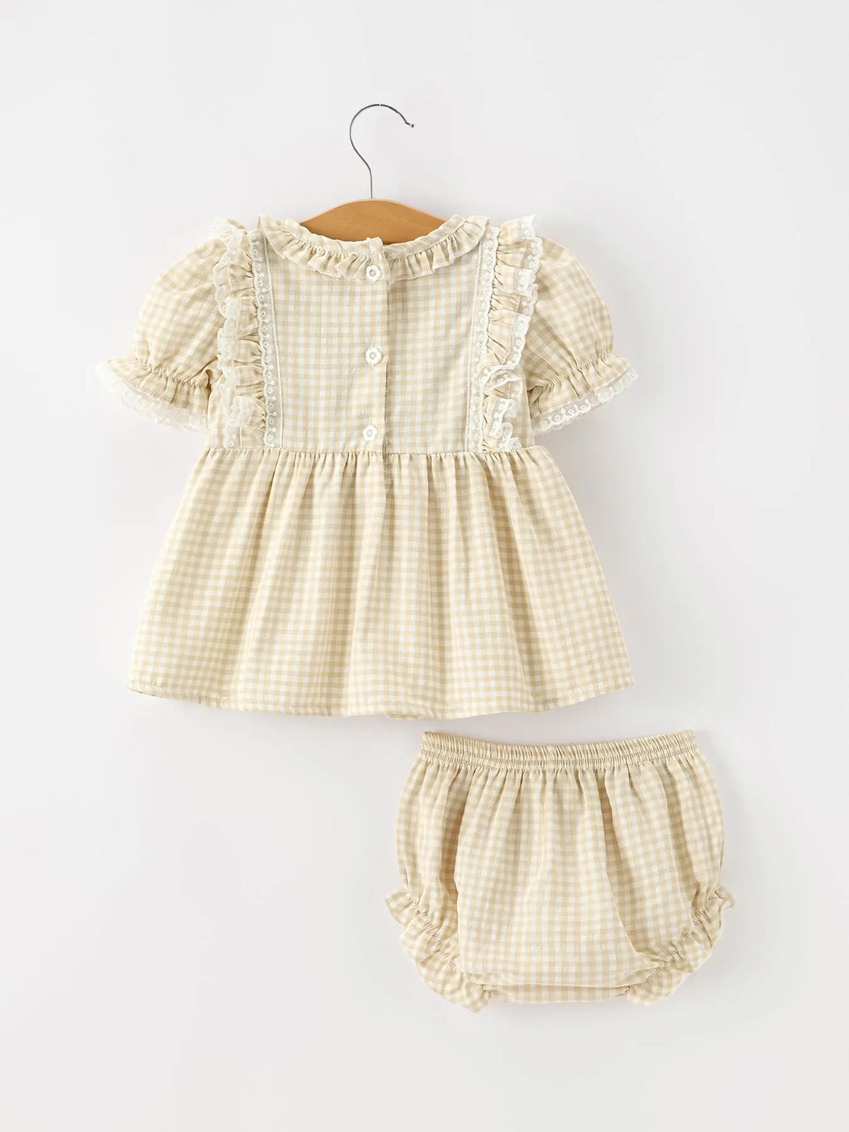 Baby Girls Goose Embroidered Beige Plaid Ruffle Bloomer Set
