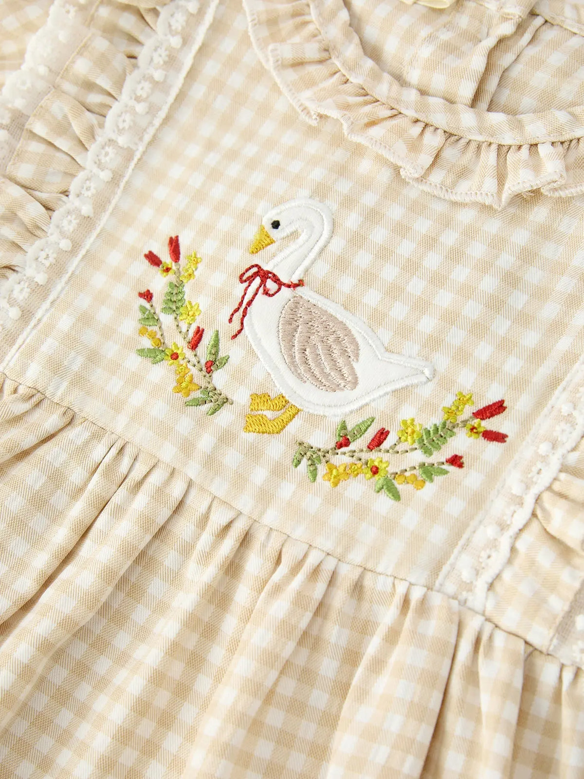 Baby Girls Goose Embroidered Beige Plaid Ruffle Bloomer Set