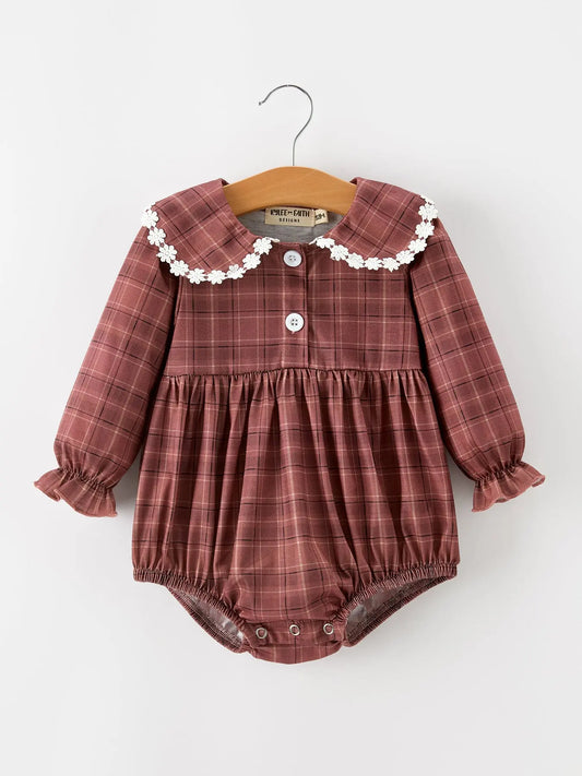 Baby Girls Brown Plaid Floral Lace Collar Romper