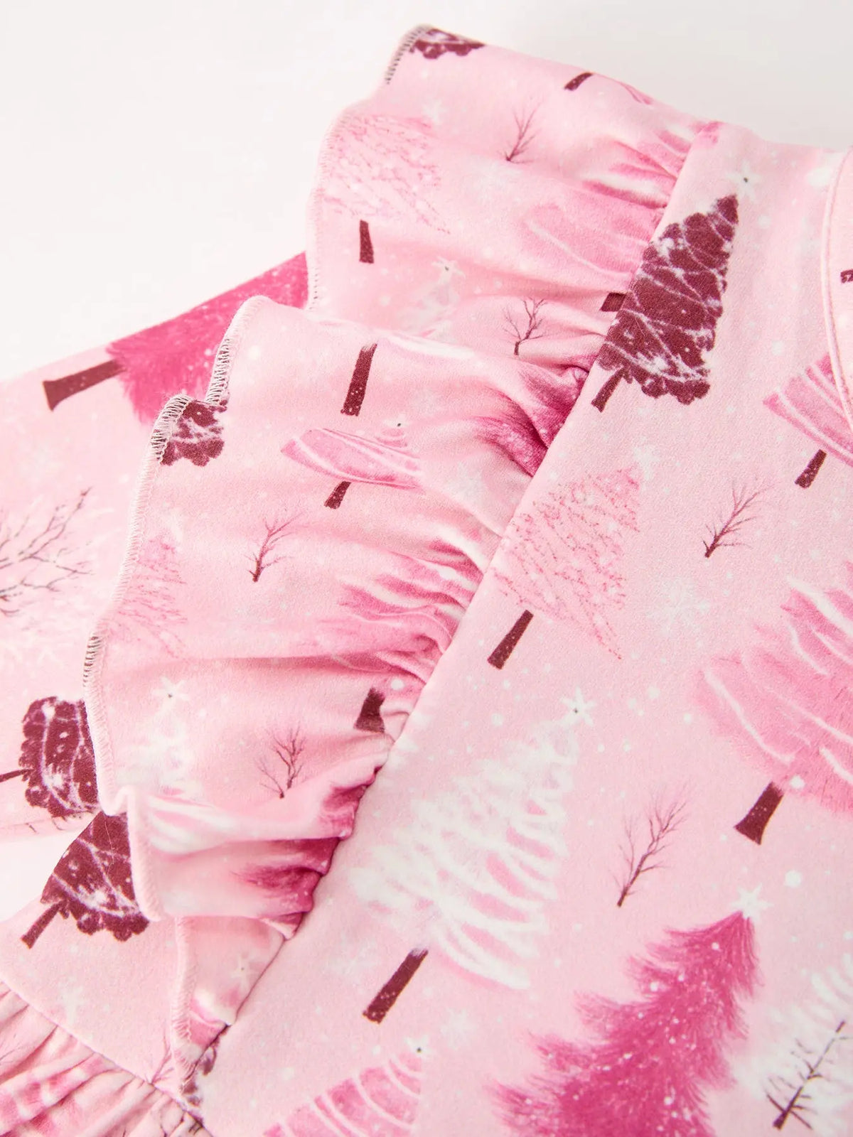 Christmas Tree Print Girls Pink Ruffle Long Sleeve Dress