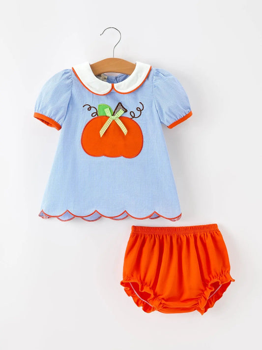 Fall Girls Pumpkin Appliqué Peter Pan Collar Bloomer Set