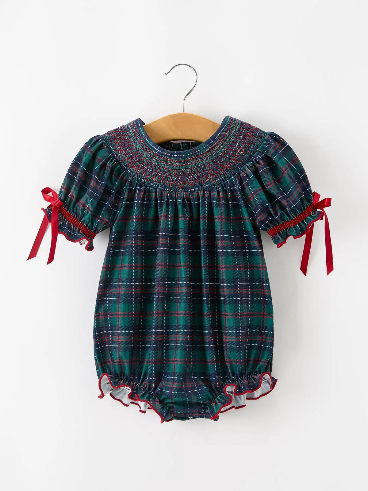 Girls Christmas Plaid Smocked Bubble Romper