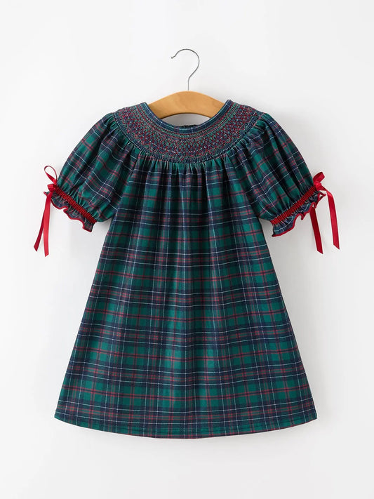 Christmas Girls Plaid Smocked Dres Puff Sleeves