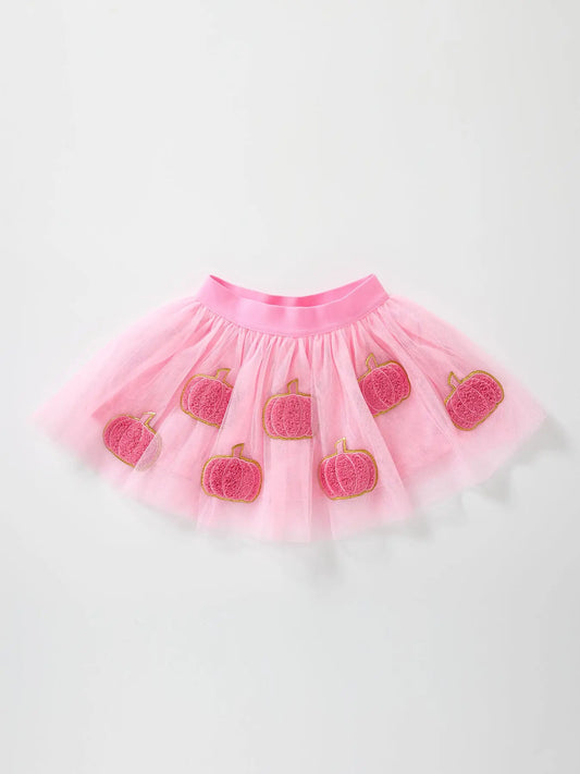 Fall Girls Pink Pumpkin Appliqué Tulle Skirt