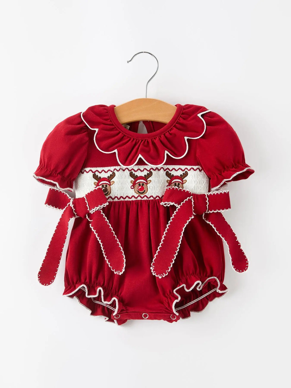 Baby Girls Christmas Reindeer Smocked Bubble Romper