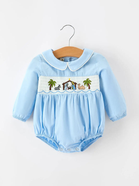 Christmas Nativity Embroidered Baby Boy Blue Smocked Romper