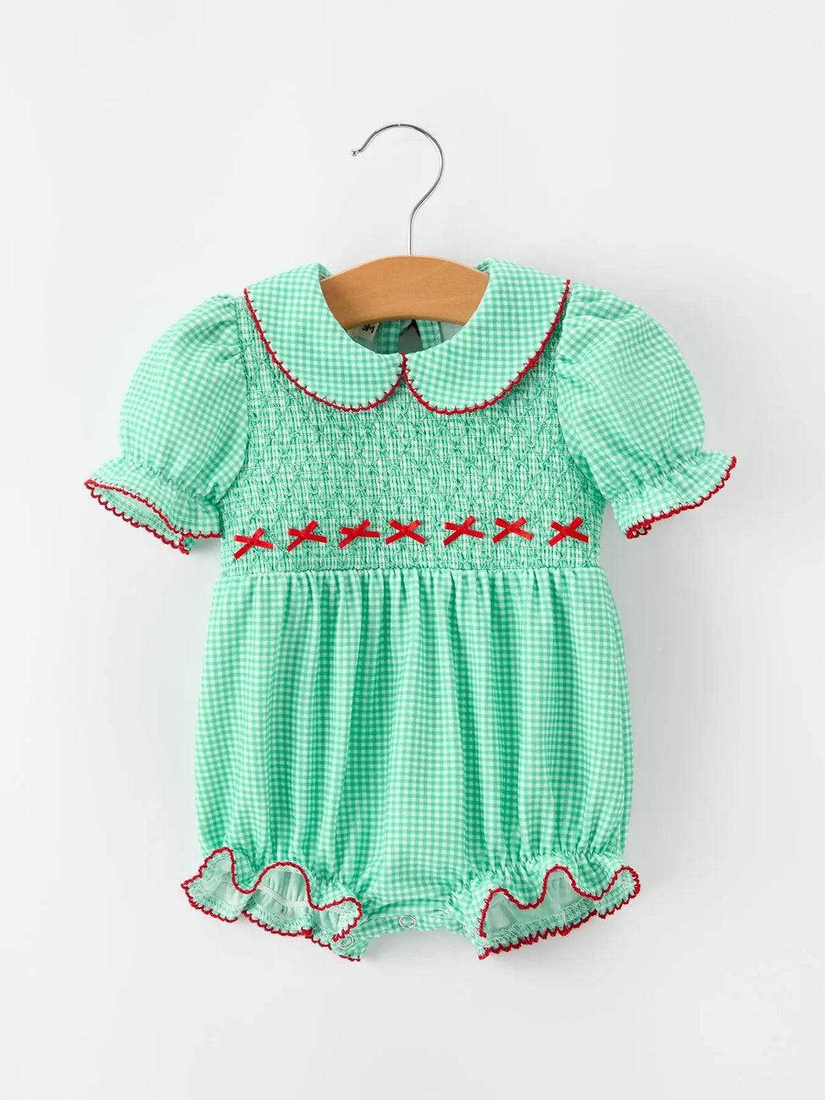 Christmas Girls Green Plaid Smocked Bow Bubble Romper