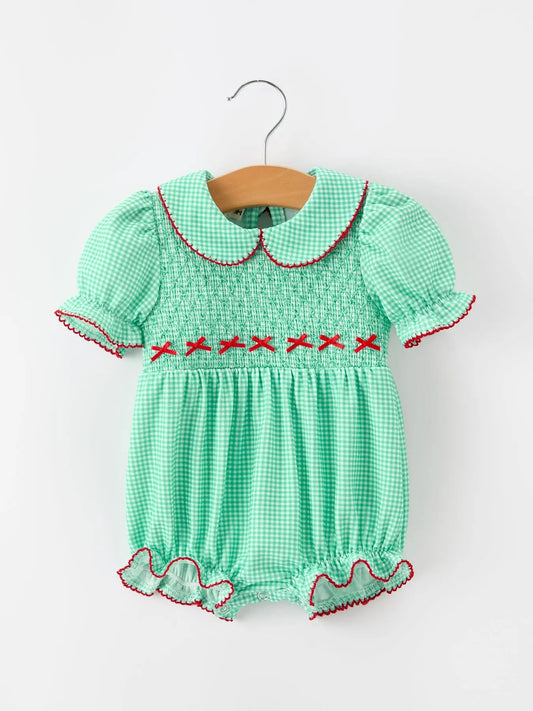 Christmas Girls Green Plaid Smocked Bow Bubble Romper
