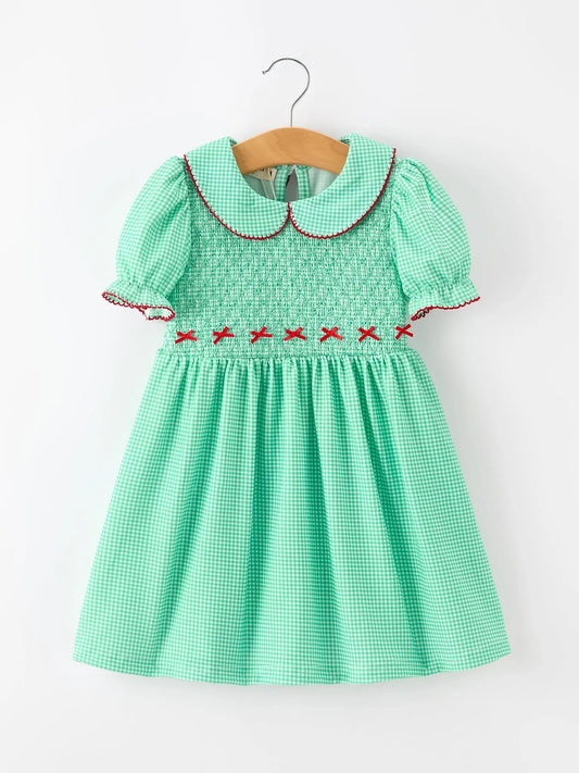 Christmas Girls Green Plaid Smocked Bow Peter Pan Collar Dress
