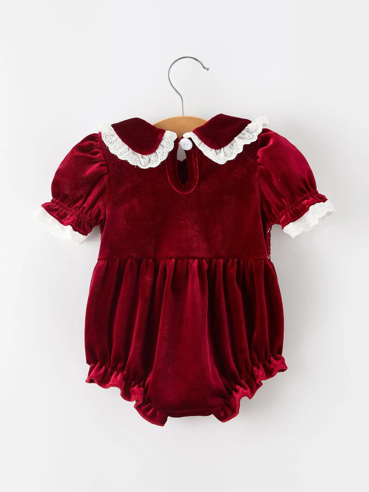 Christmas Burgundy Velvet Baby Girl Smocked Pearl Romper