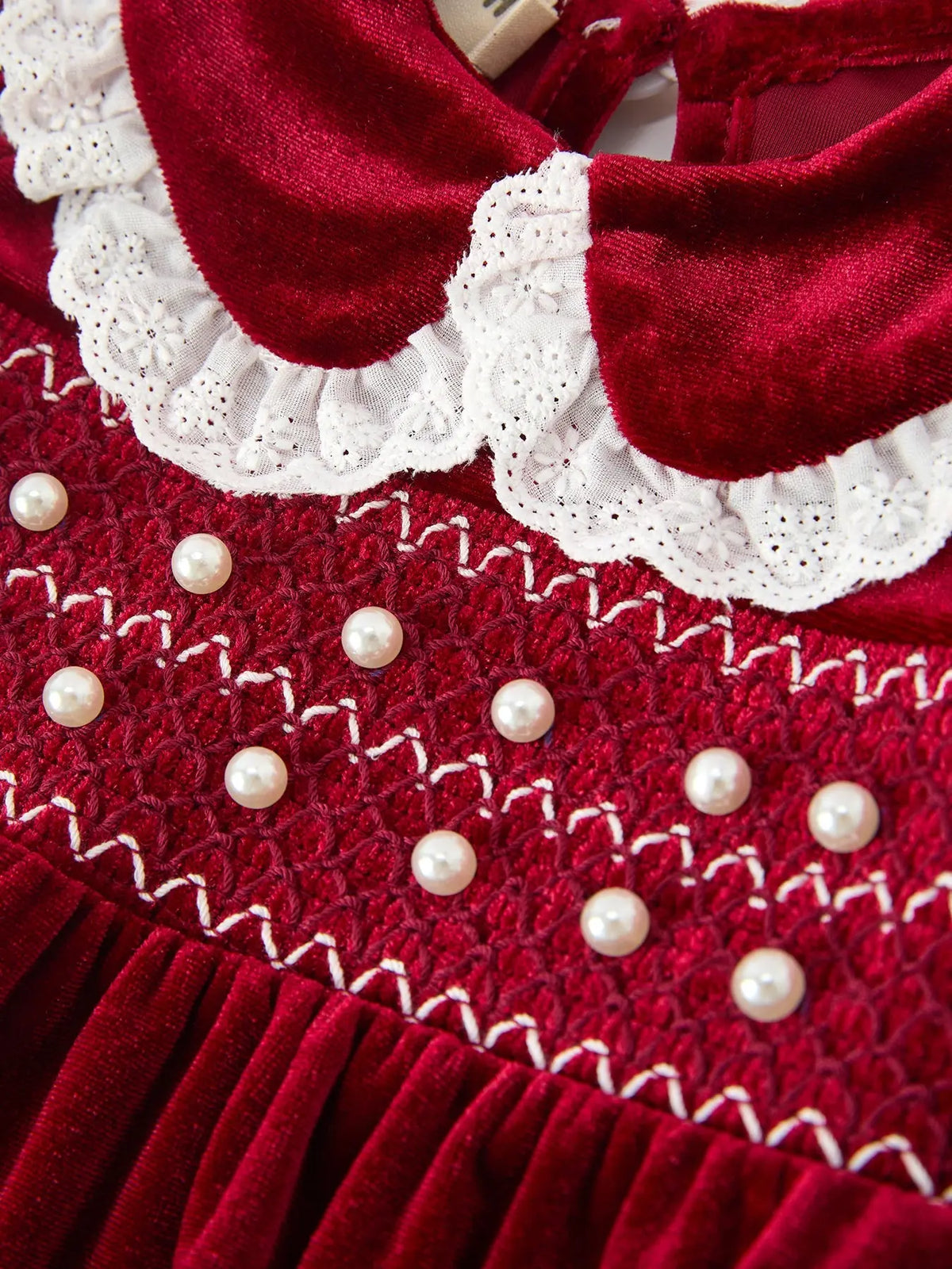 Christmas Burgundy Velvet Baby Girl Smocked Pearl Romper