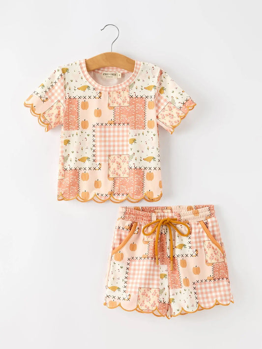 Thanksgiving Pumpkin Patchwork Girls Top And Shorts Outfit