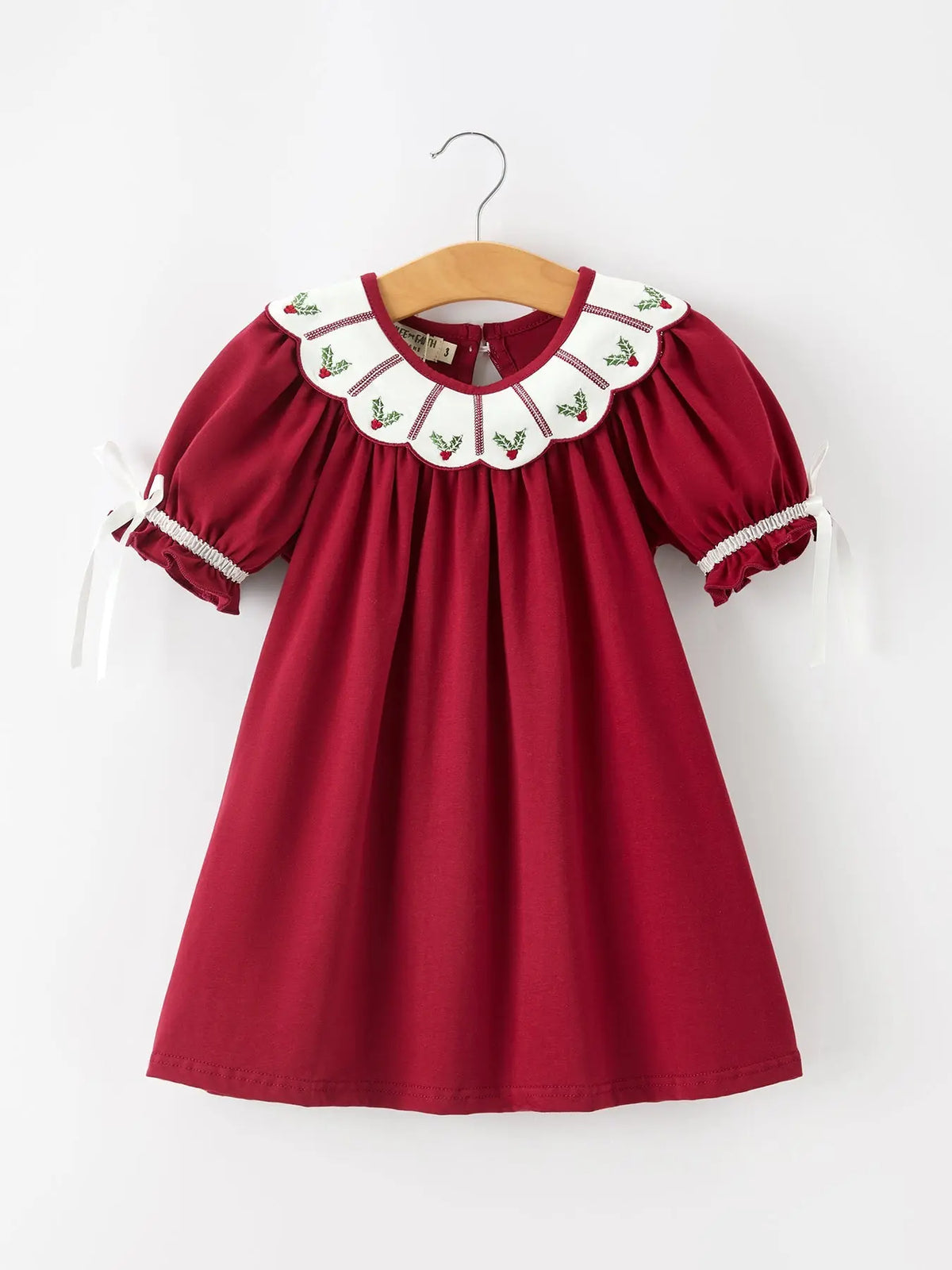 Christmas Holly Embroidered Girls Dress Petals Collar Puff Sleeve