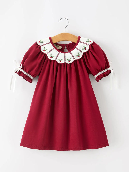 Christmas Holly Embroidered Girls Dress Petals Collar Puff Sleeve