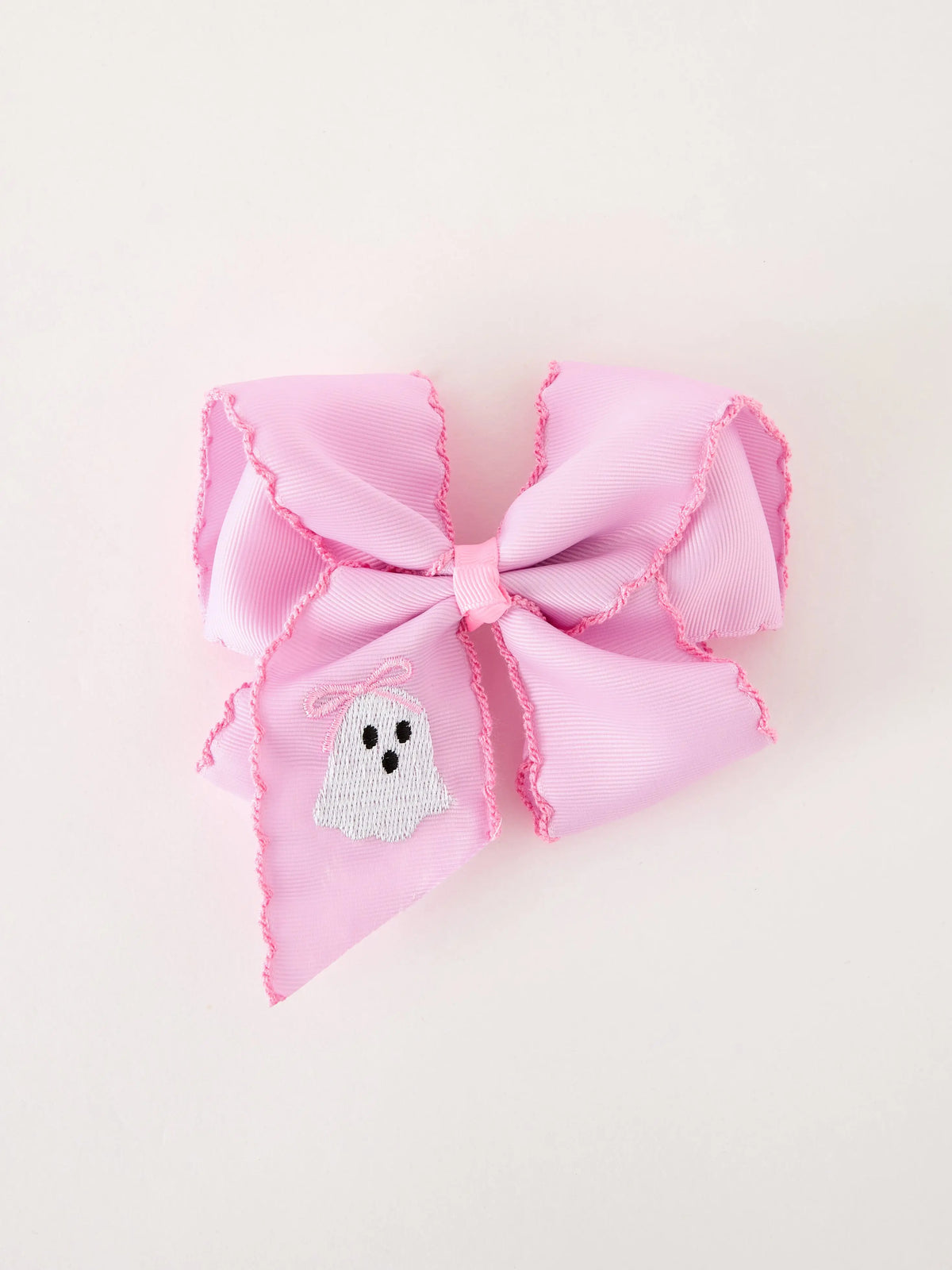 Halloween Girls Pink Ghost Embroidered 6.25" Hair Bow