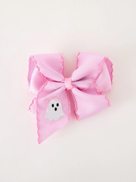 Halloween Girls Pink Ghost Embroidered 6.25" Hair Bow