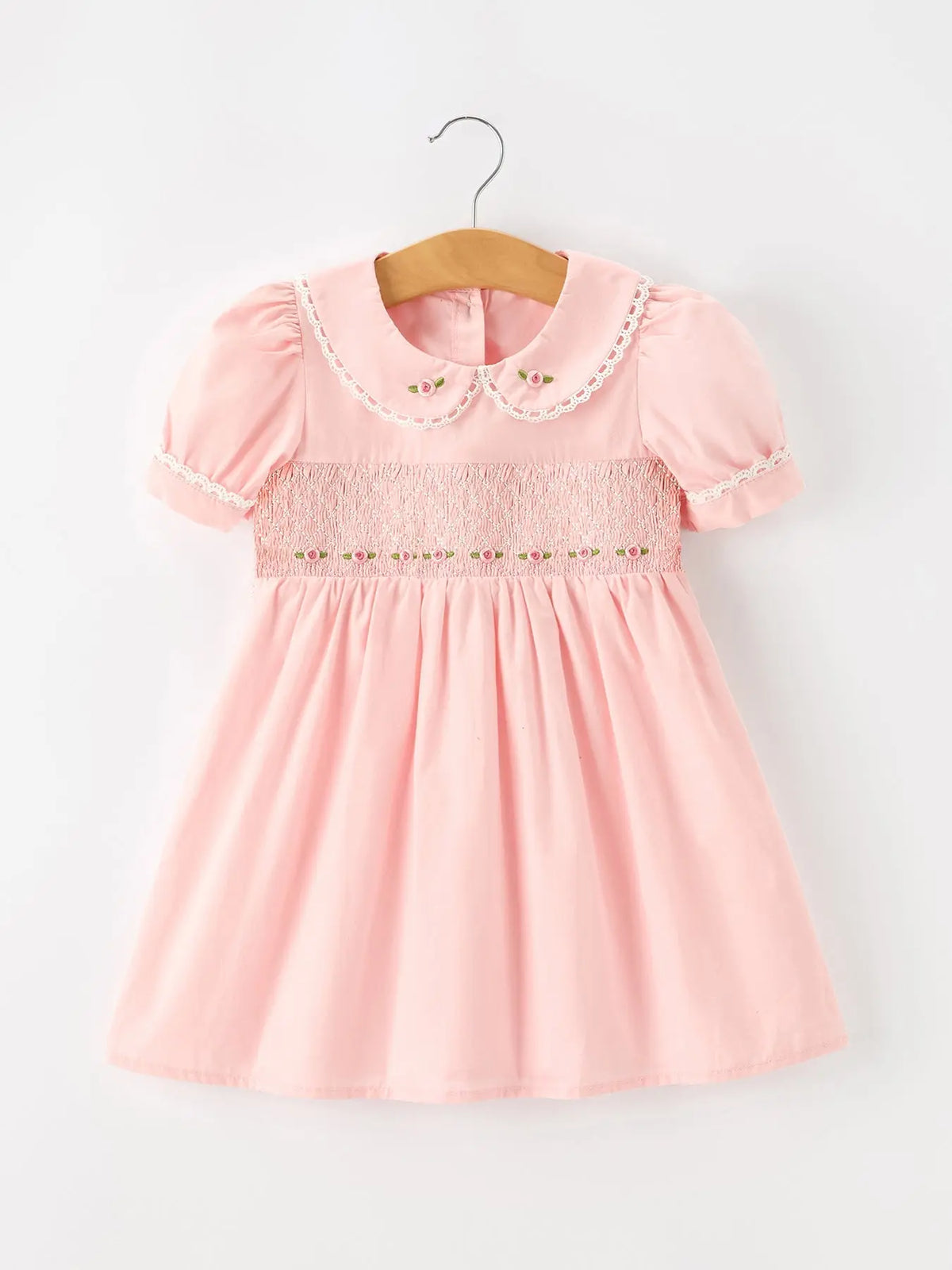 Fall Girls Pink Floral Embroidered Smocked Peter Pan Collar Dress