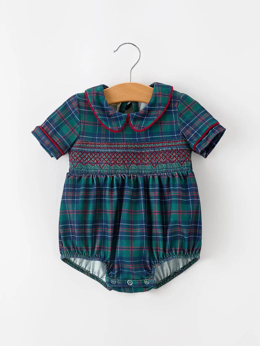 Christmas Baby Boys Plaid Smocked Peter Pan Collar Bubble Romper
