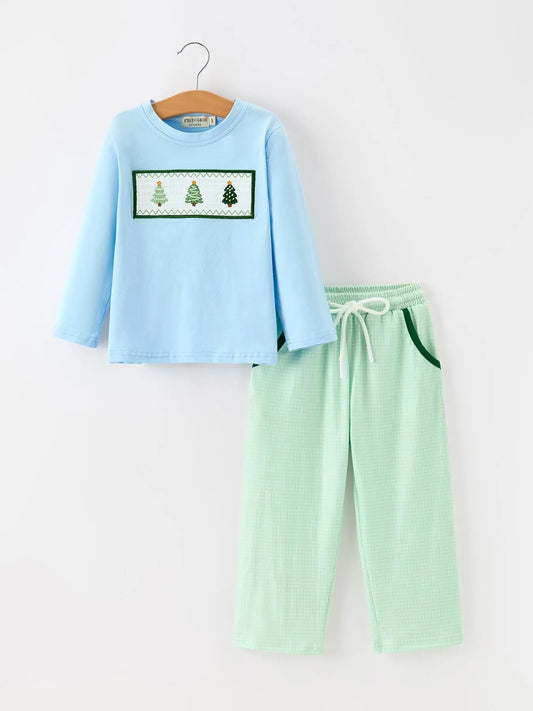 Christmas Boys Christmas Tree Embroidered Long Sleeve Top & Pants Set
