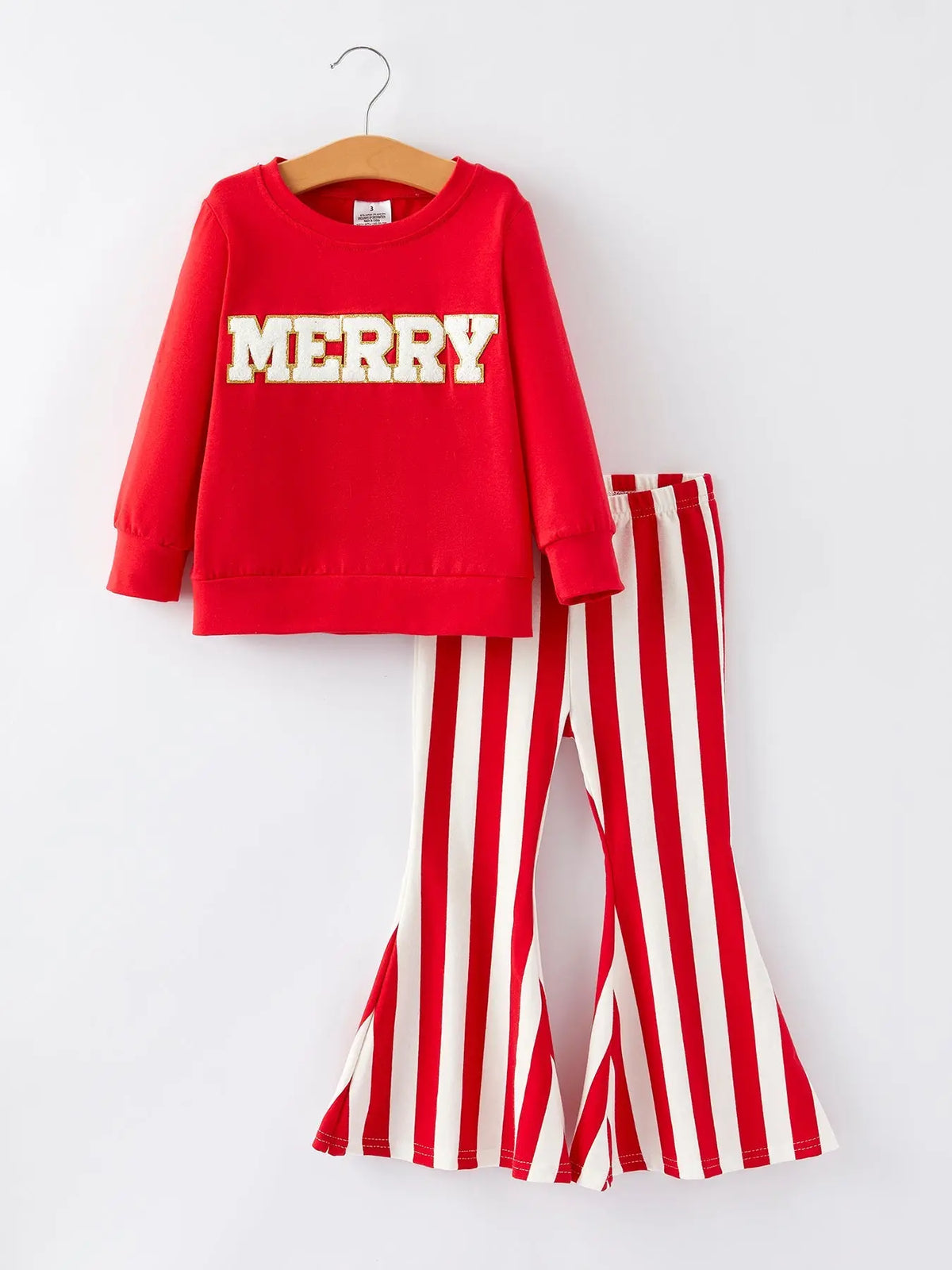 Christmas “MERRY” Applique Girls Striped Bell-bottom Pants Outfit Set Rylee Faith Designs