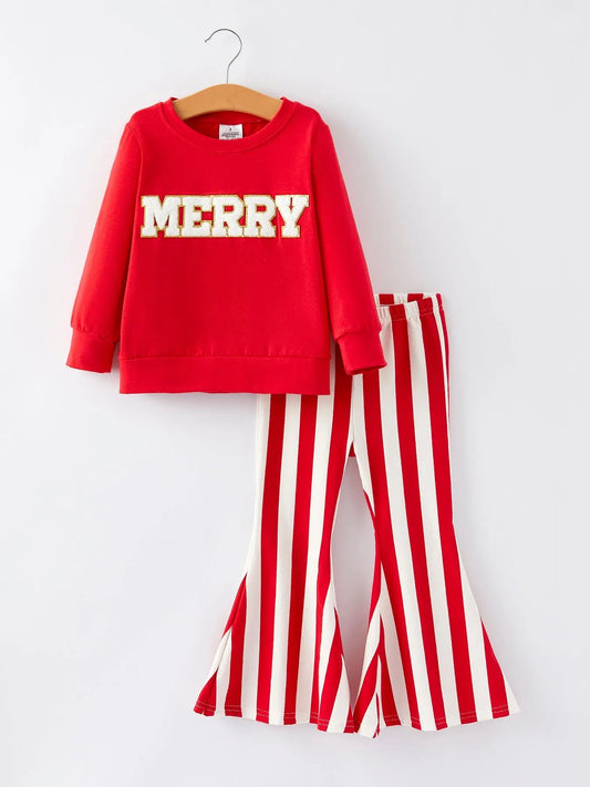 Christmas “MERRY” Applique Girls Striped Bell-bottom Pants Outfit Set Rylee Faith Designs