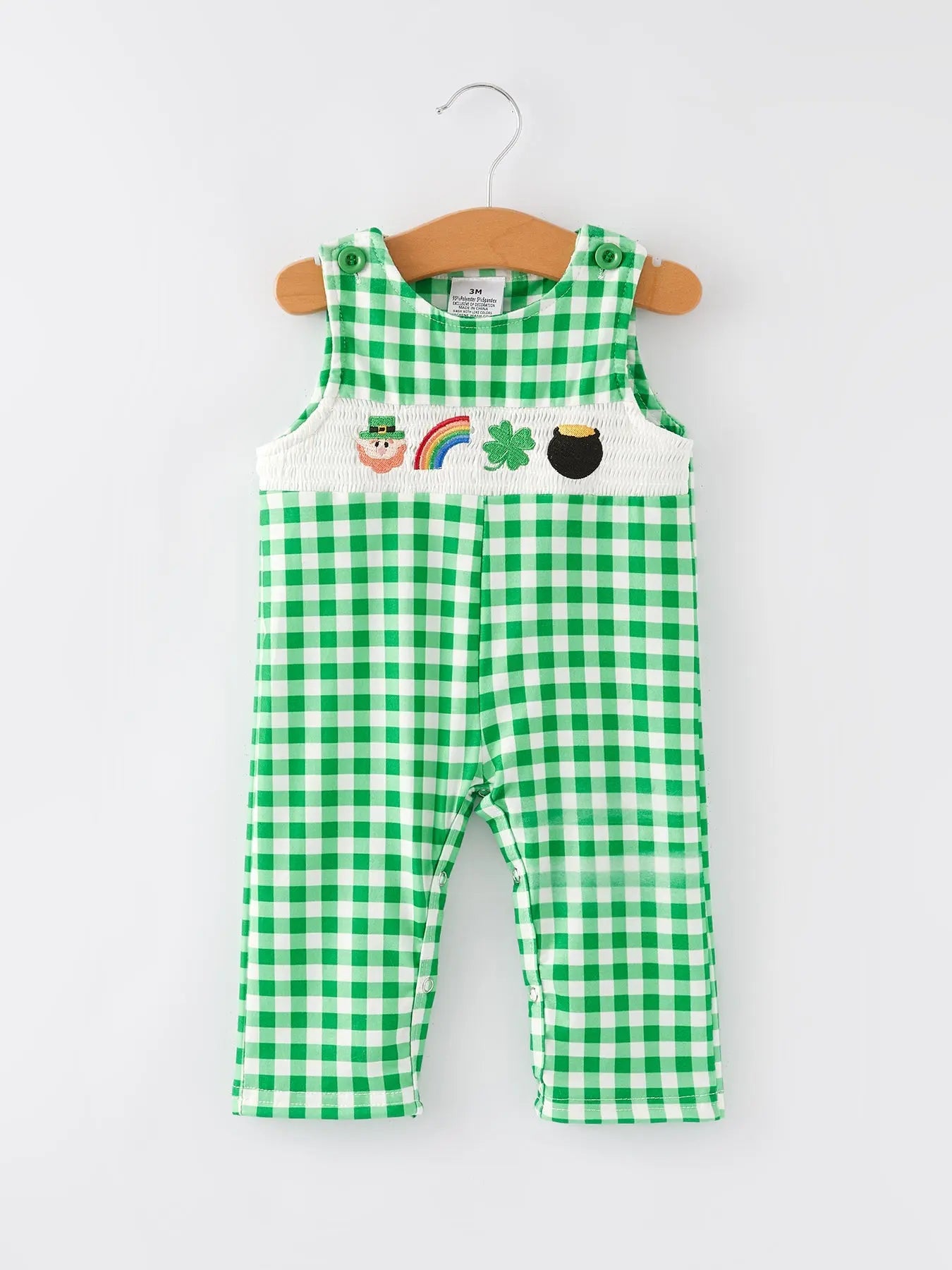 St. Patrick's Day  shamrock Smocking Embroidered Green Plaid Boys' Romper Rylee Faith Designs