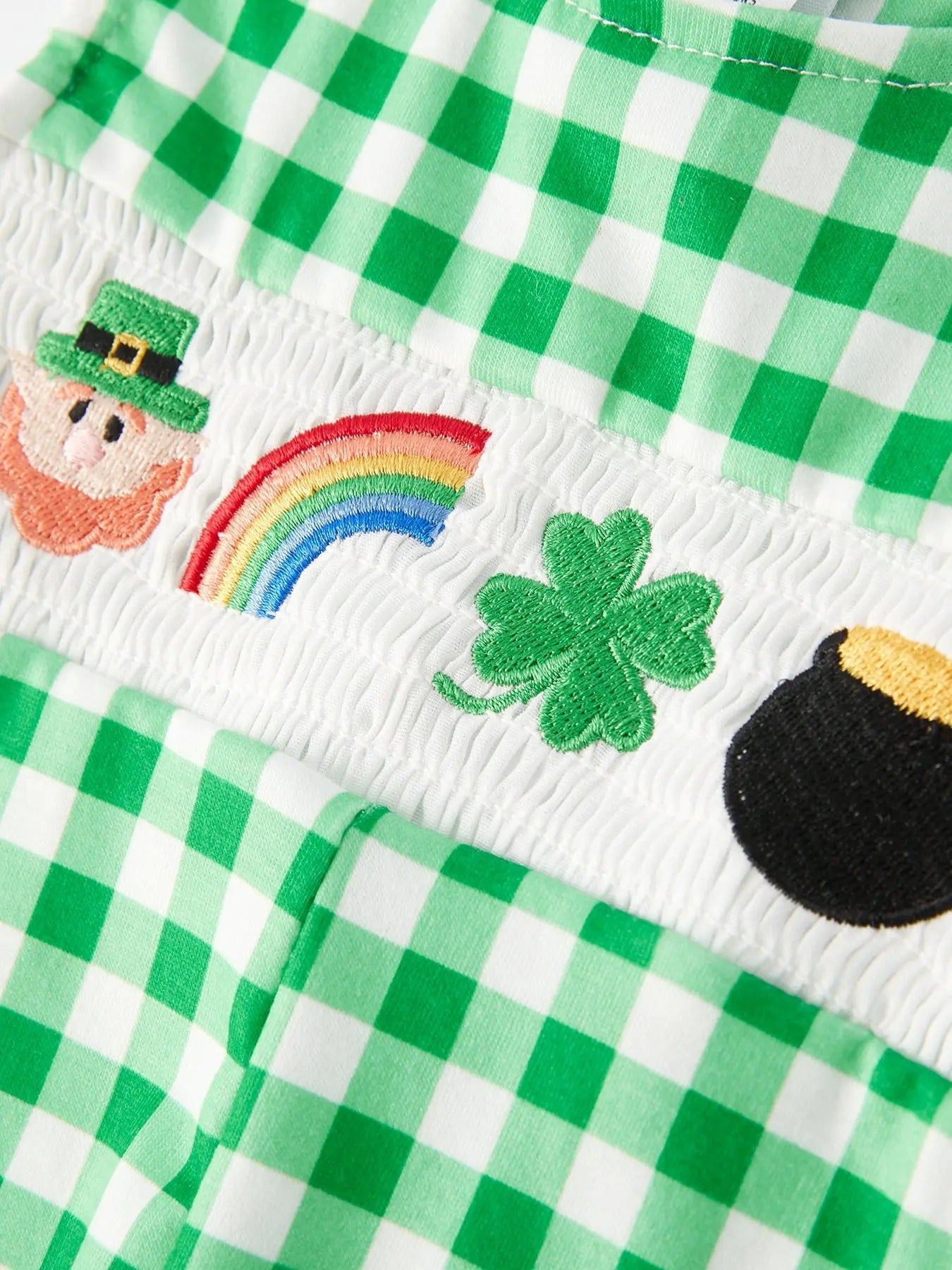 St. Patrick's Day  shamrock Smocking Embroidered Green Plaid Boys' Romper Rylee Faith Designs