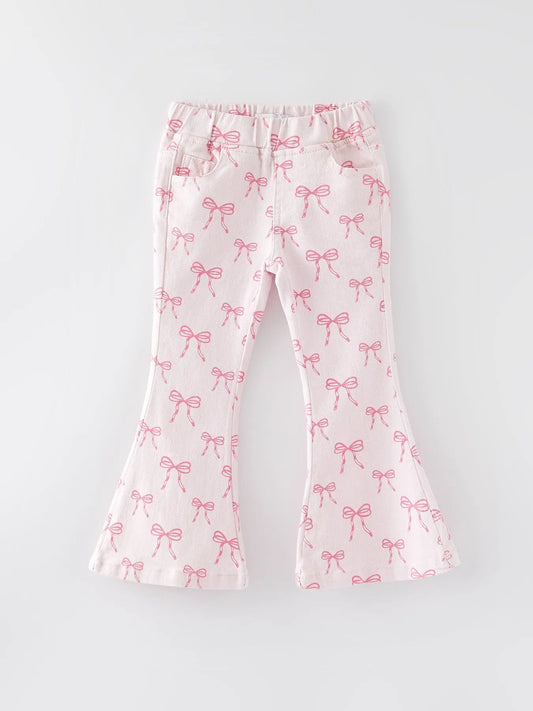 Fall Girls Pink Bow Print Elastic Flared Jeans Denim pant