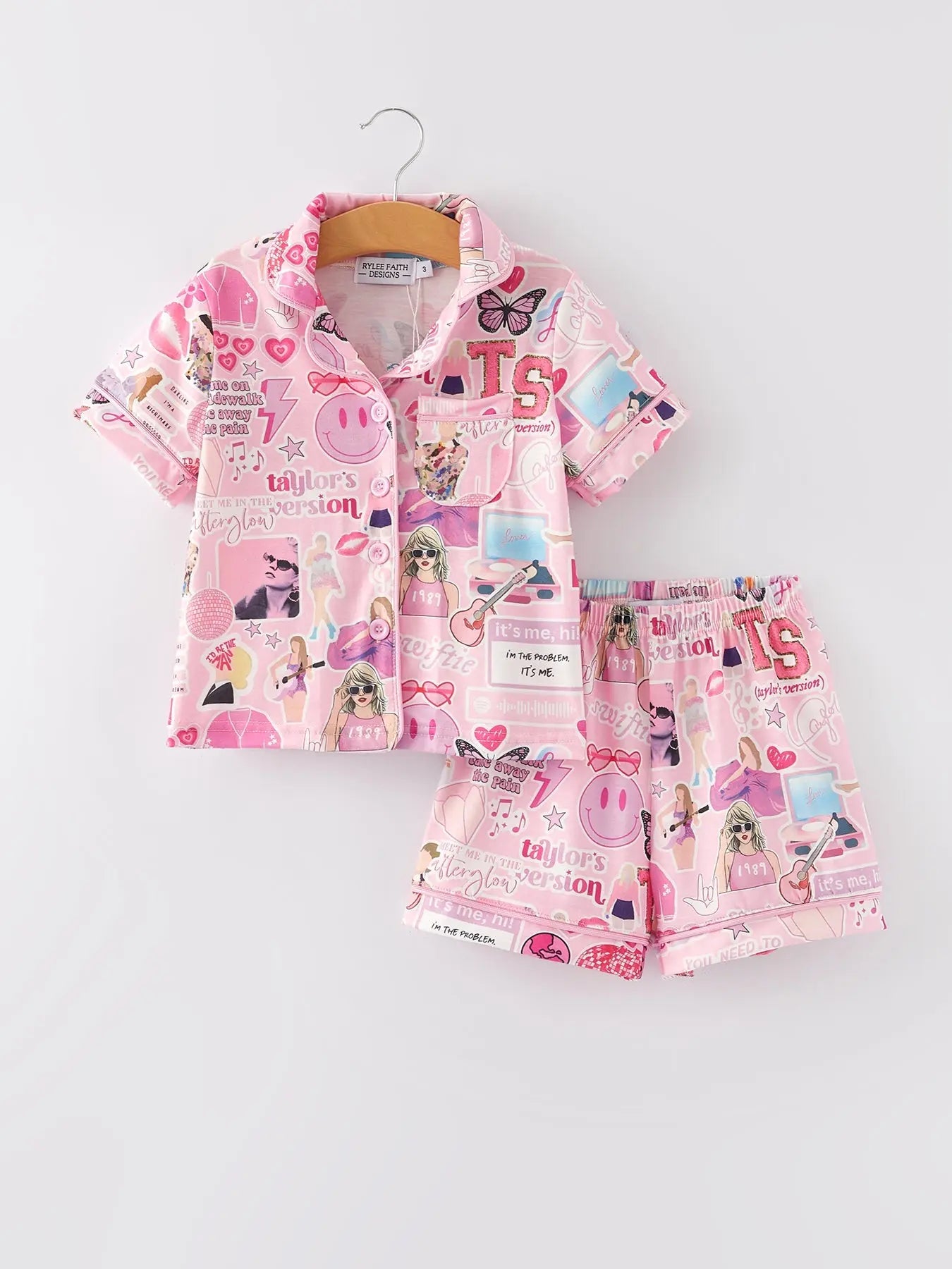 Pink TS Lapel Button Short Sleeve Shorts Pajama Set Rylee Faith Designs