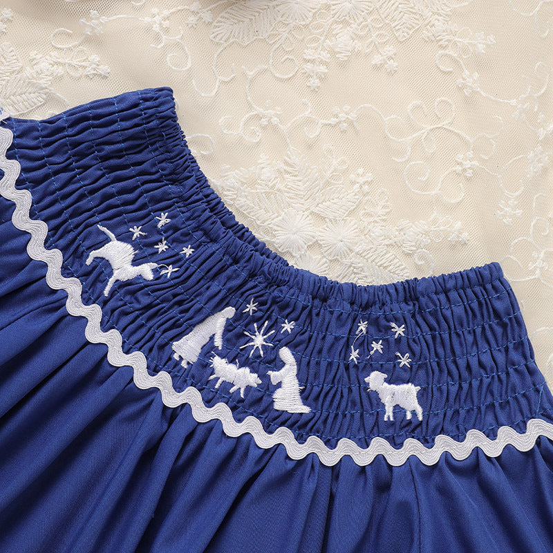 Toddler Infant Girl Christmas Santa Embroidery Short Sleeve Princess Party Dress Smocked Baby Girl Clothes