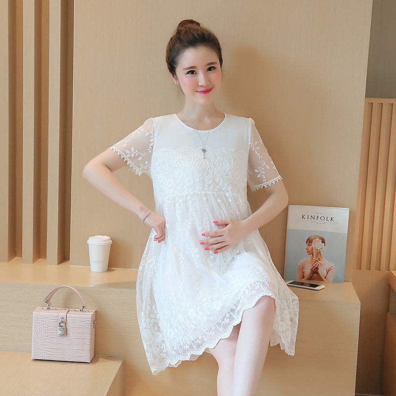 Summer new maternity dress lace crochet flower maternity dress long pregnant women dress