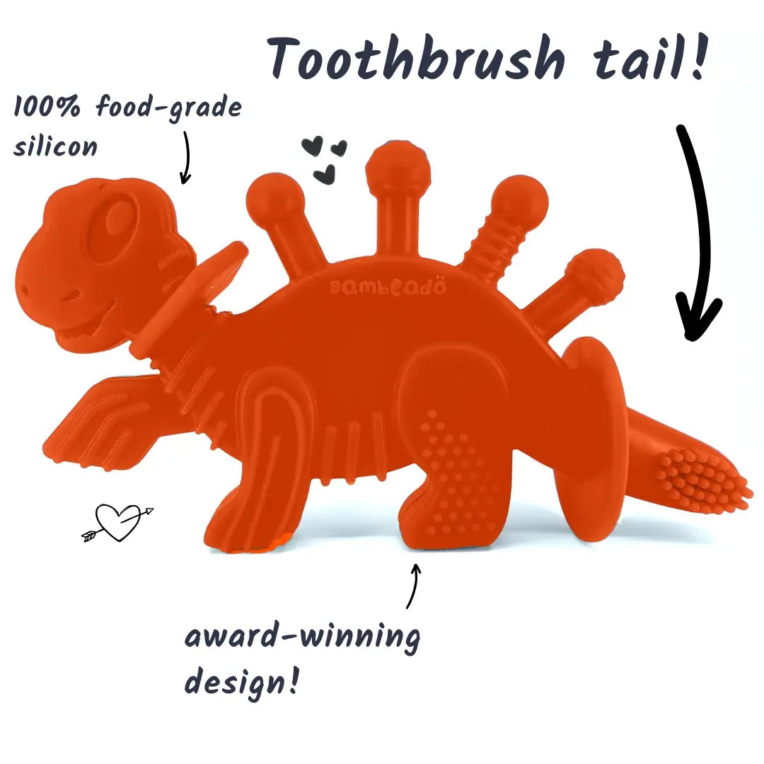 Dibly Baltic Amber & Natural Rubber Dinosaur Teether with Toothbrush Tail