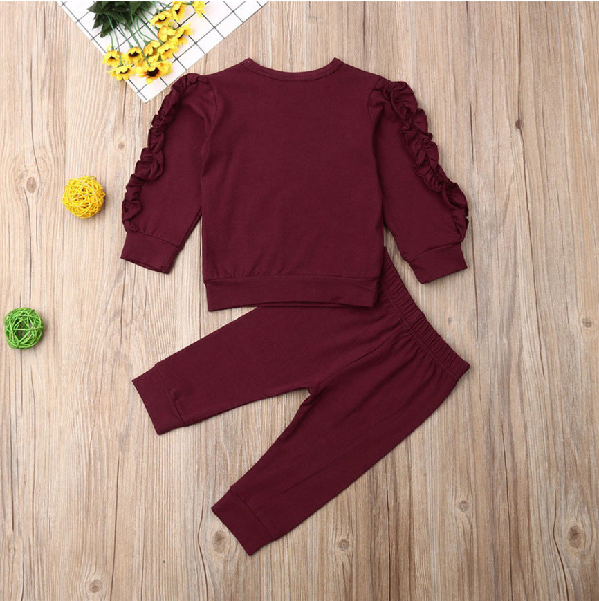 Newborn Baby Girls Ruffles Jumper Solid Long Sleeve Sweatshirt Tops Pants Infant Kids 2Pcs Outfits Clothes Set Fall Clothes