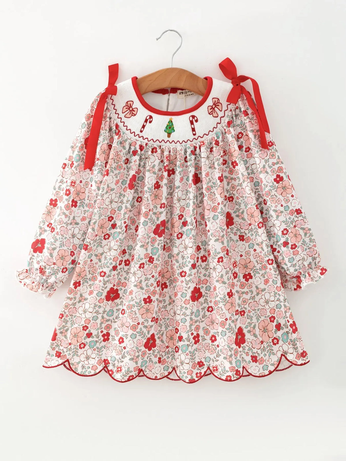 Christmas Red Floral Girls Dress Candy Cane Bow Embroidery Dress Rylee Faith Designs
