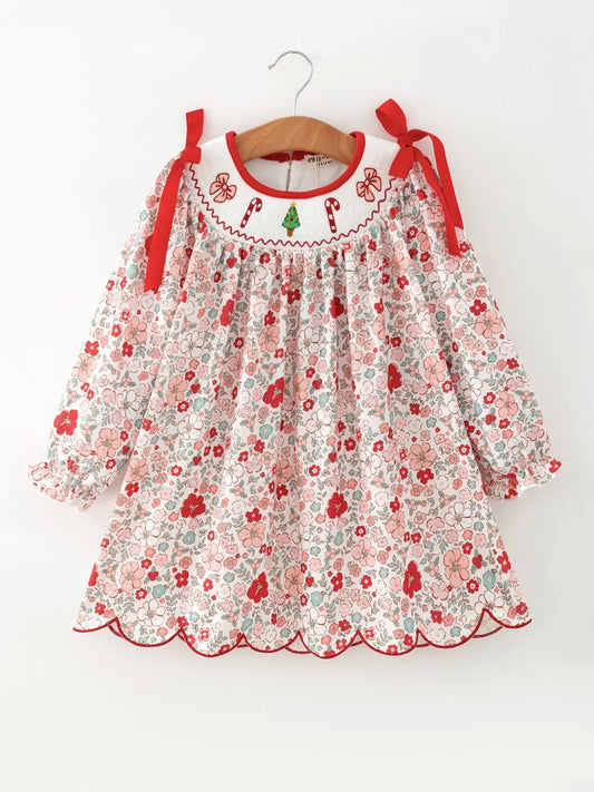 Christmas Red Floral Girls Dress Candy Cane Bow Embroidery Dress Rylee Faith Designs